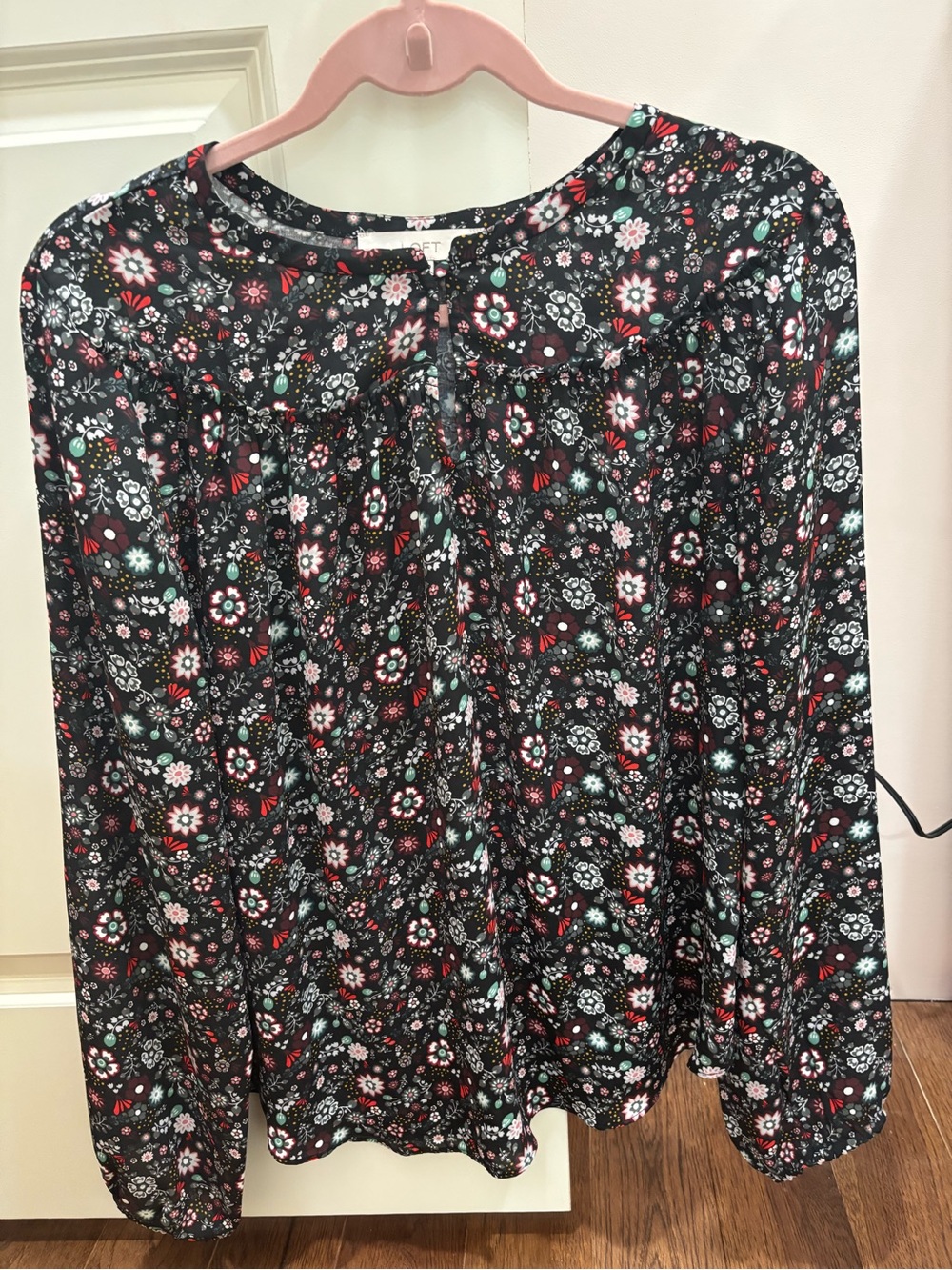 LOFT Black Floral Long-Sleeve Blouse with Red & White Accents